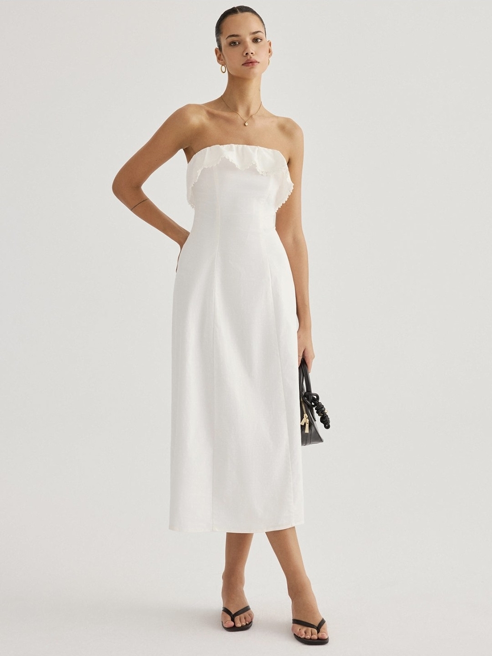 Commense Strapless White Midi Dress with Ruffle Neckline